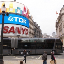 This is Lotti.  Lotti was our first ever bendi-bus.  This is after we sold her to an Athens operator to use as a promotional coach and shows her in London